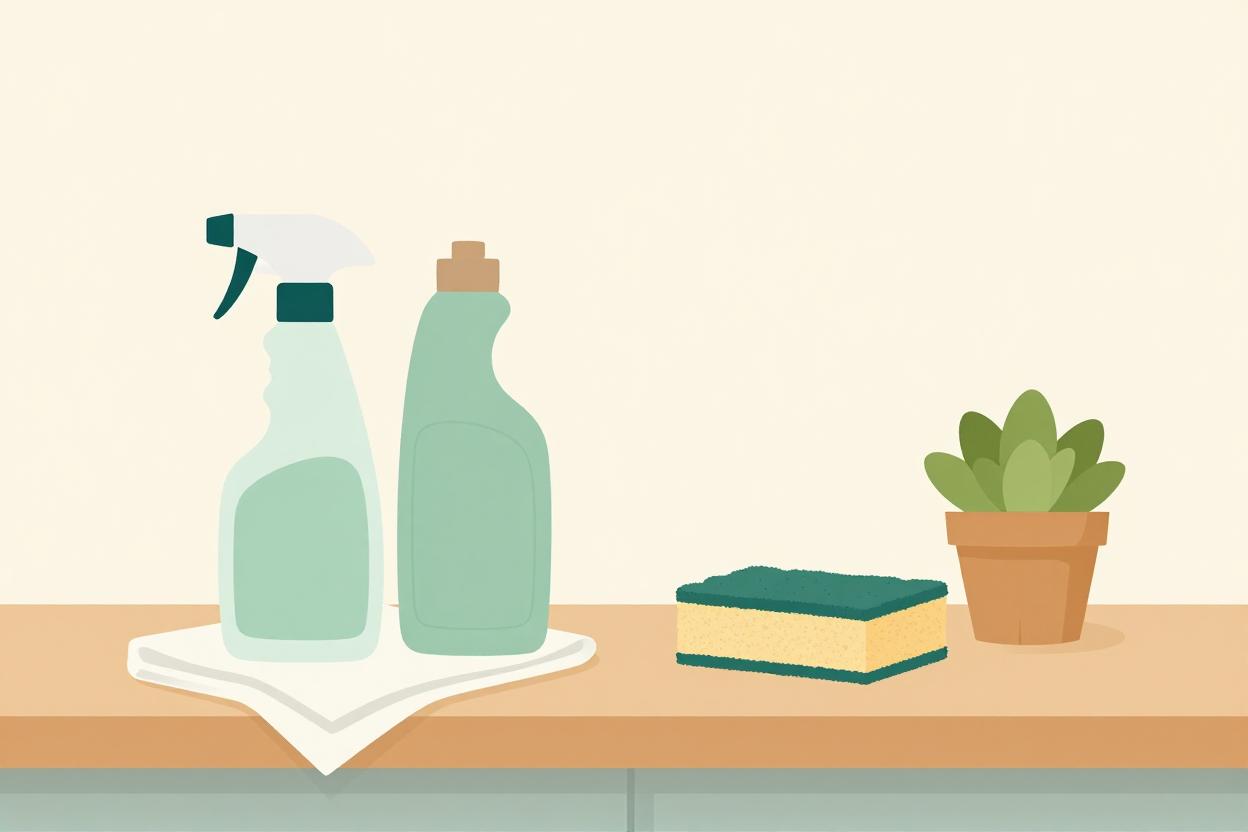 Clean kitchen counter with cleaning supplies arranged neatly