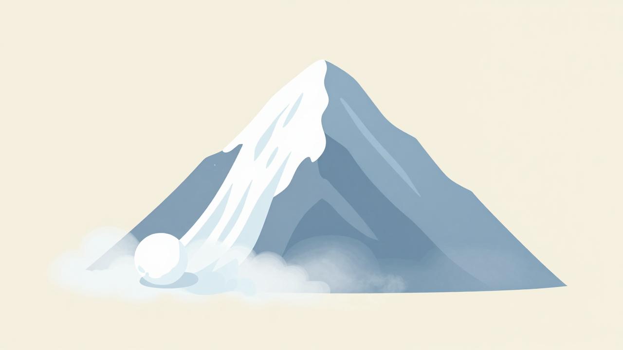 Snowball rolling down a hill next to an avalanche mountain