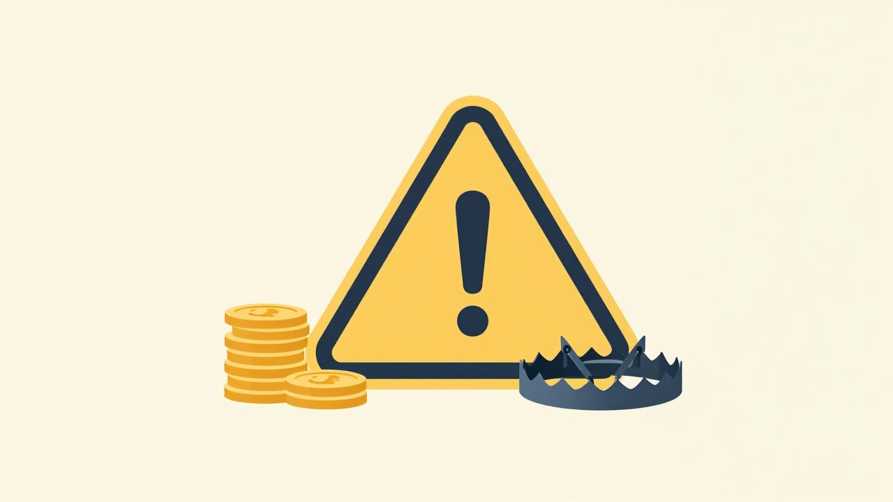 Warning sign next to a stack of cash and a trap